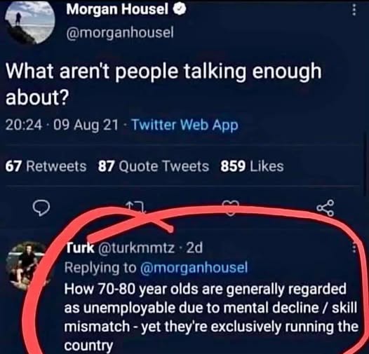 A screenshot of a Twitter thread where user Morgan Houseel asks 'What aren't people talking enough about?' A reply from user…