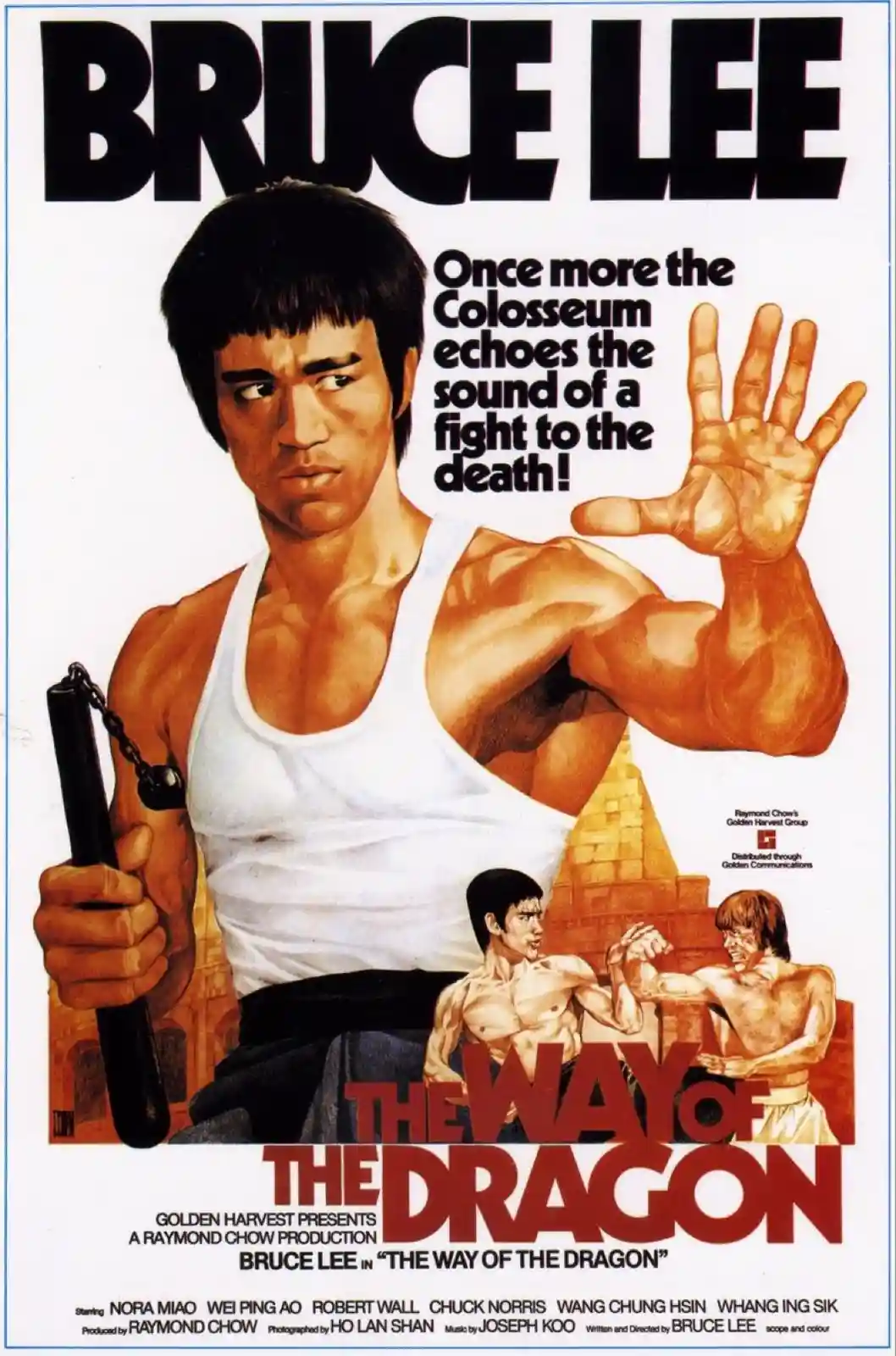 This is a vintage movie poster for Bruce Lee's film 'The Way of the Dragon,' featuring a muscular Bruce Lee in a white tank…