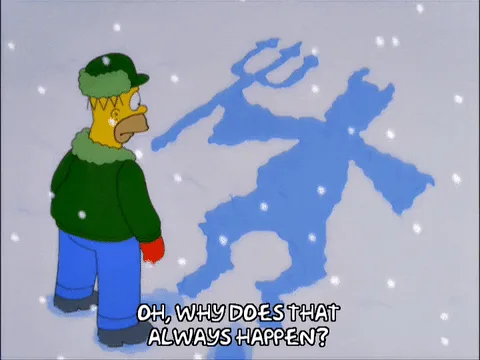 The image shows six panels of Homer Simpson standing in snow, looking at his shadow which is shaped like a devil holding a…