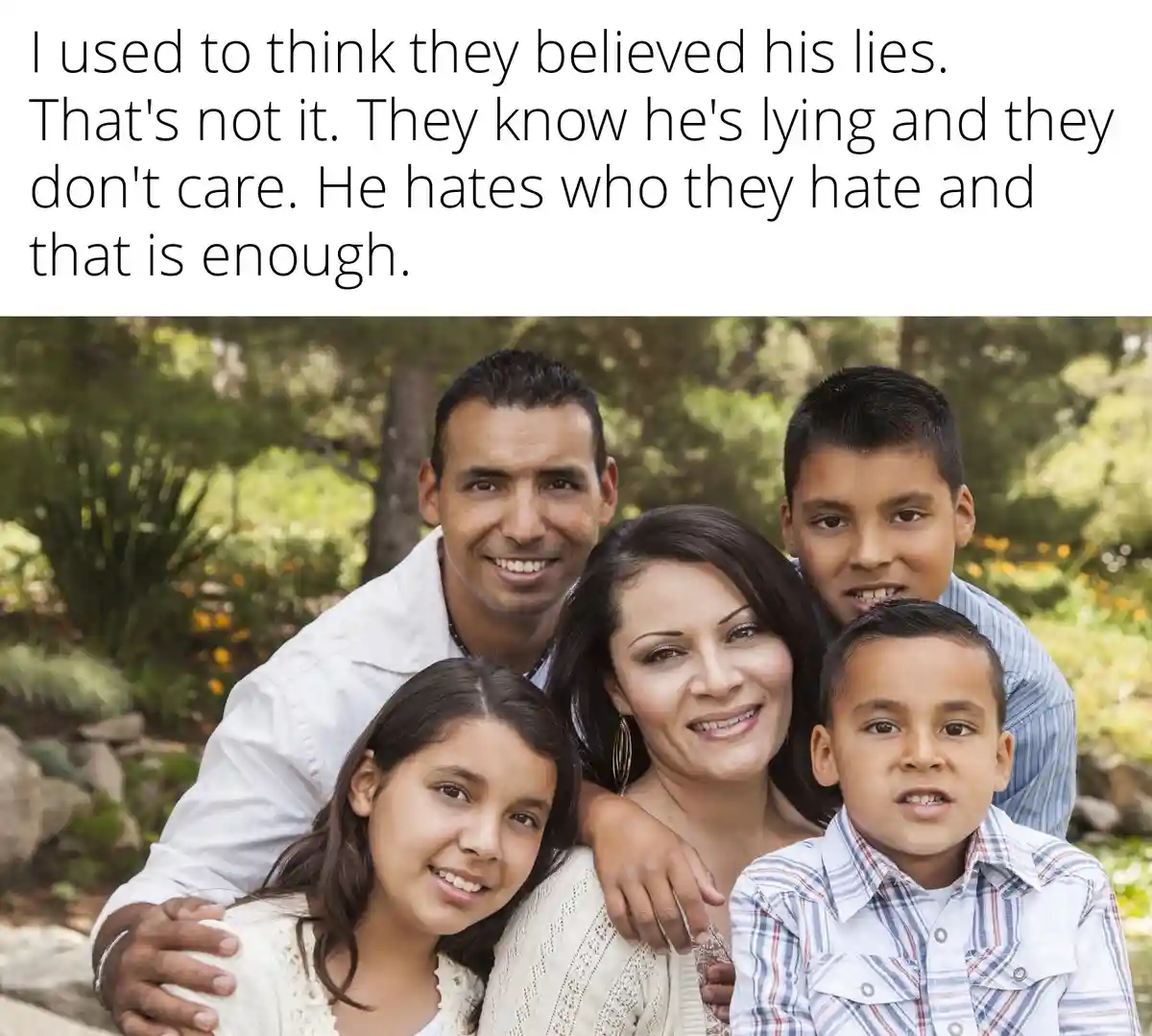 A smiling family photo of five people—two adults and three children—posed outdoors in a garden. The overlaid text reads: 'I…