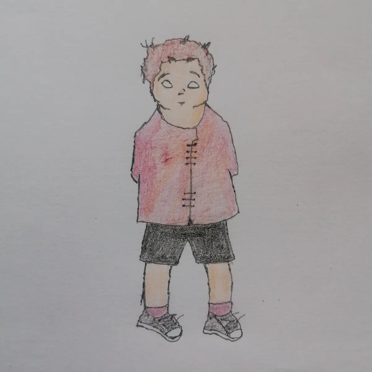 A hand-drawn, colored pencil illustration of a child with messy pink hair, wearing a pink button-up shirt with black…