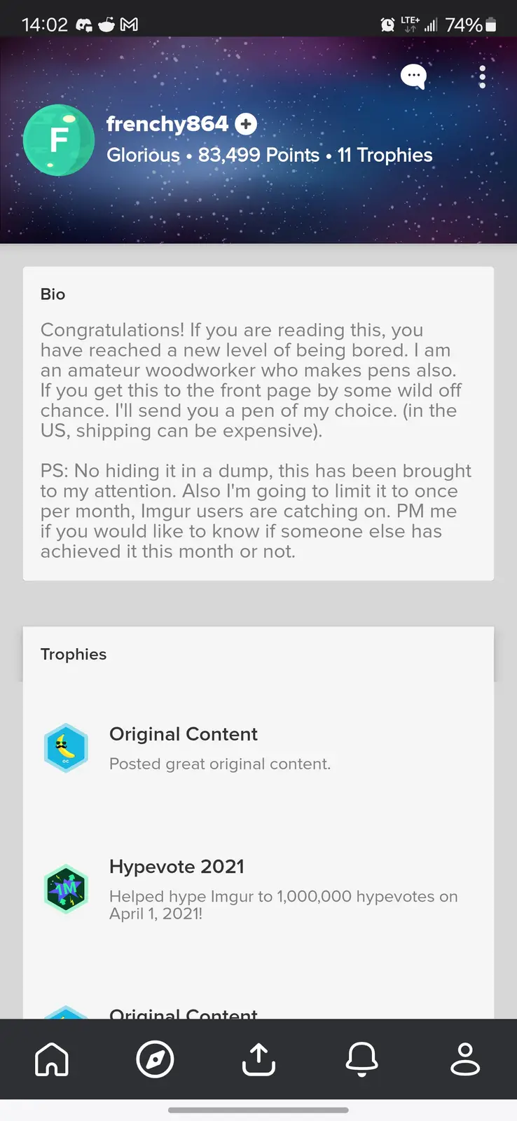 An Imgur user profile for 'frenchy864' shows a bio where the user congratulates readers for being bored and offers to send…