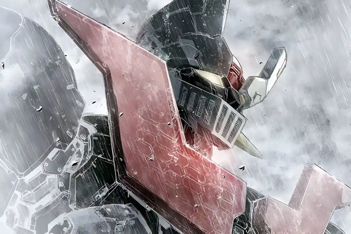 The image shows a heavily damaged red and black robot, resembling a Gundam, viewed through a shattered glass effect. The…