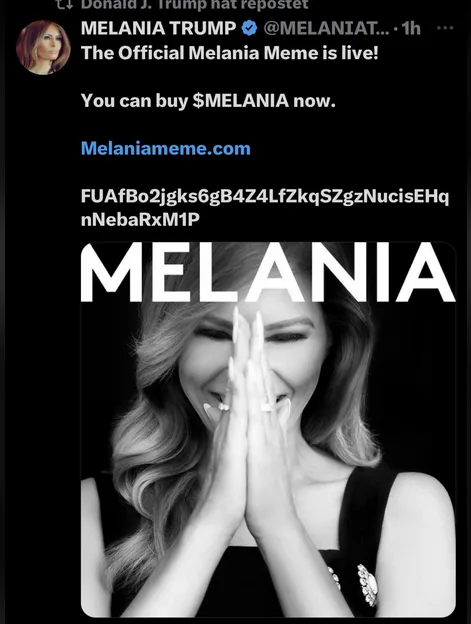 A black and white photo of Melania Trump smiling with her hands clasped over her mouth. Overlaid text announces 'The…