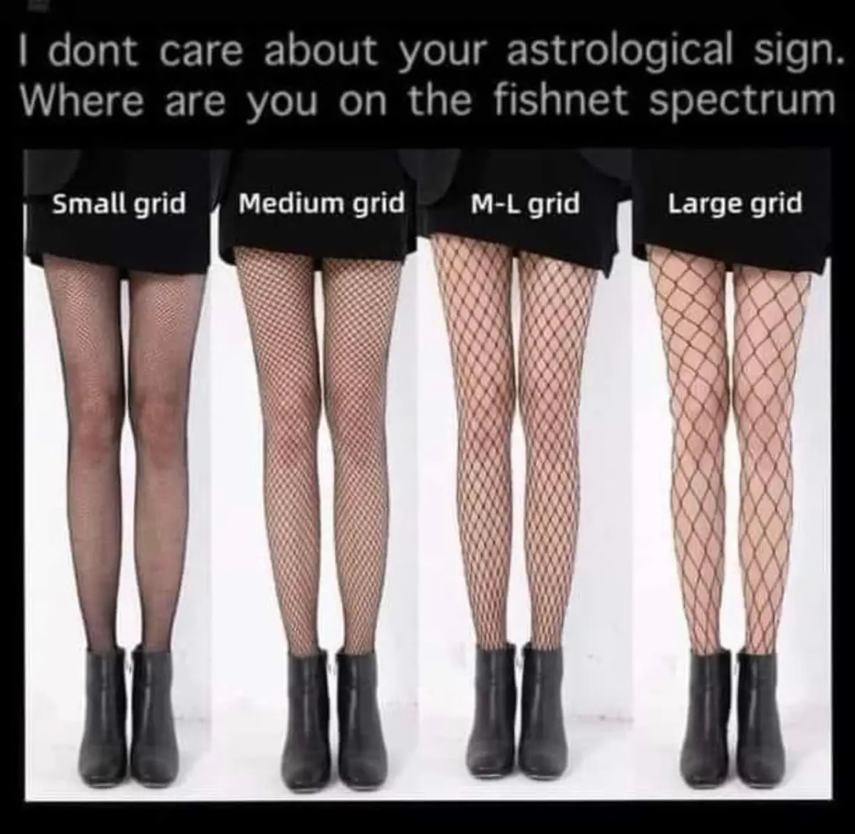 Four women stand side-by-side, each wearing black fishnet stockings with different grid sizes labeled above them: 'Small…