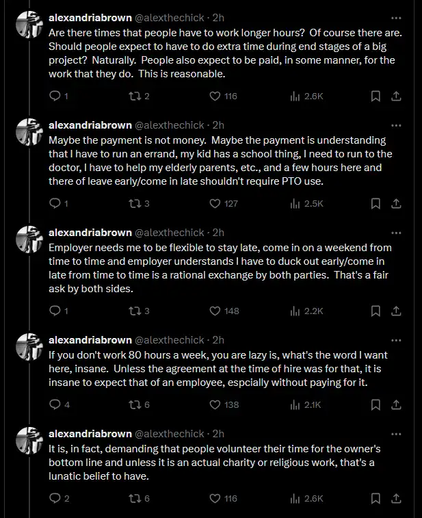 A screenshot of five consecutive tweets from user alexandriabrown, each expressing a progressively more extreme and…