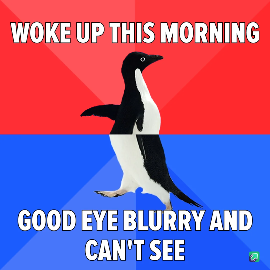 A penguin stands centered against a red and blue background, with bold white text at the top reading 'WOKE UP THIS MORNING'…