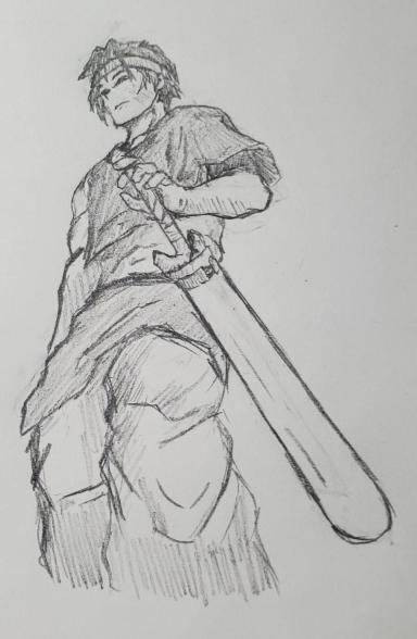 A pencil sketch of an anime-style male character with messy hair, wearing a tunic and holding a large baseball bat over his…