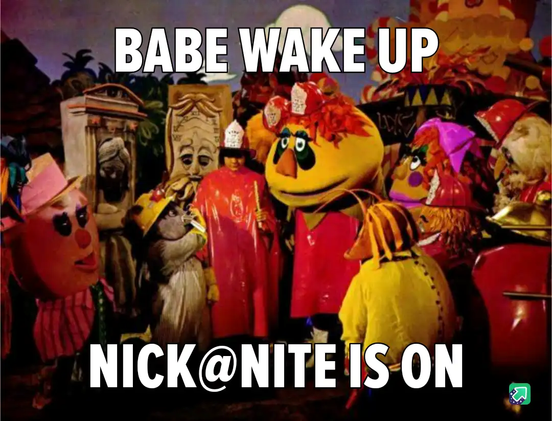 A still from a colorful, vintage puppet show featuring multiple puppets in elaborate costumes, including a large yellow bird…