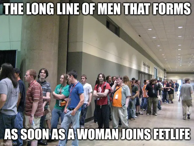 A long line of mostly men standing in a hallway, with overlaid text reading 'THE LONG LINE OF MEN THAT FORMS AS SOON AS A…