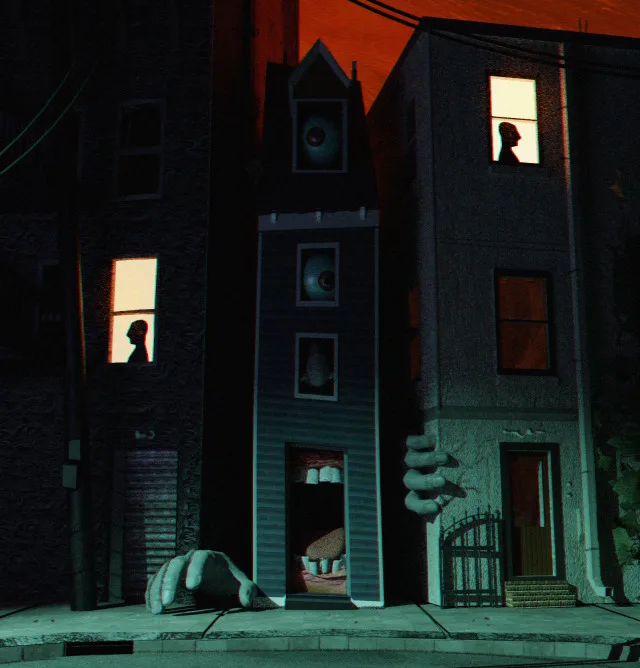 A surreal, darkly lit street scene with three buildings. The central building has a giant eye in its upper window and a…