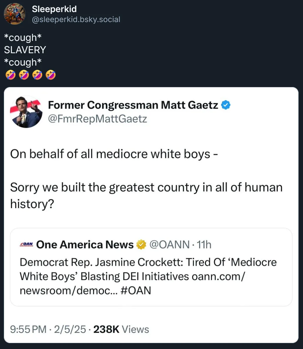 A screenshot of a Twitter post by former congressman Matt Gaetz, who wrote 'On behalf of all mediocre white boys - Sorry we…