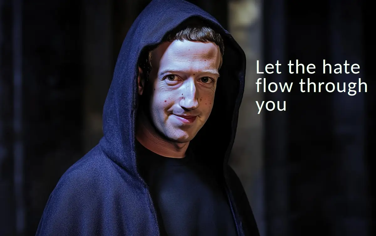 A man with a smug expression, wearing a dark blue hooded sweatshirt, is shown against a dark background. White text on the…