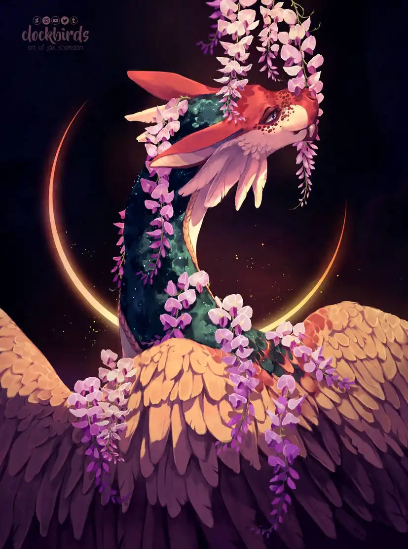 A fantasy illustration of a dragon with a long, slender neck and large, feathered wings, adorned with cascading purple…