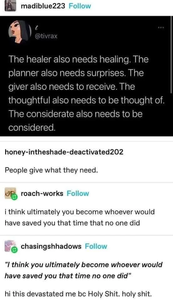 A screenshot of a Twitter thread where the original post reads 'The healer also needs healing. The planner also needs…