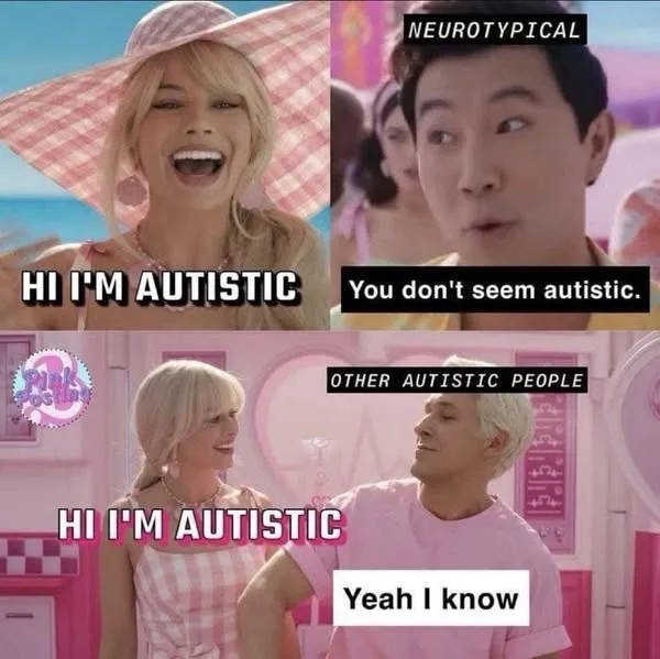 A four-panel meme using scenes from the movie 'Barbie' to depict social interactions. The top-left panel shows a blonde…