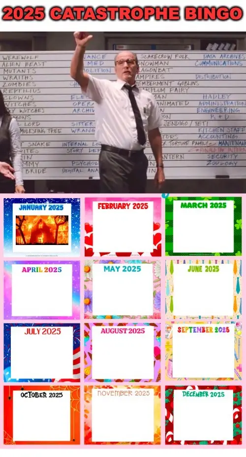 A man in a white shirt and tie stands in front of a whiteboard filled with chaotic, handwritten disaster categories like…
