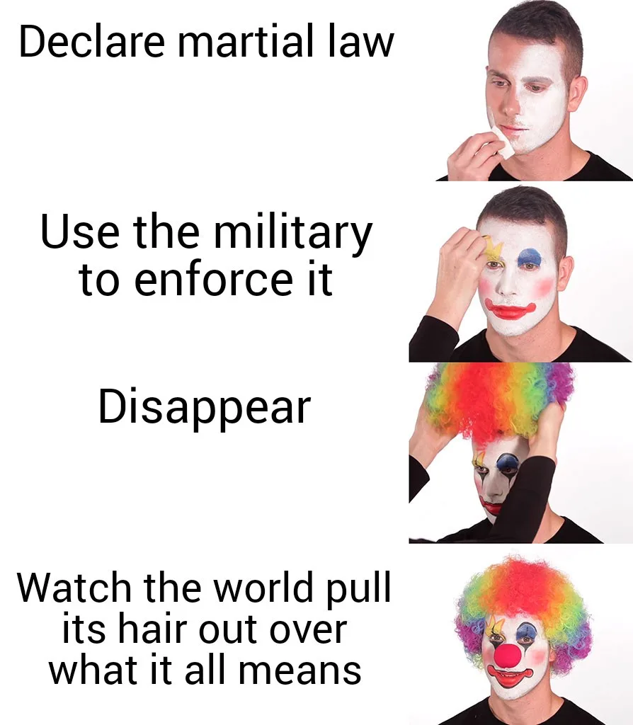 A four-panel image shows a man progressively transforming into a clown: first wiping off his face, then applying makeup…
