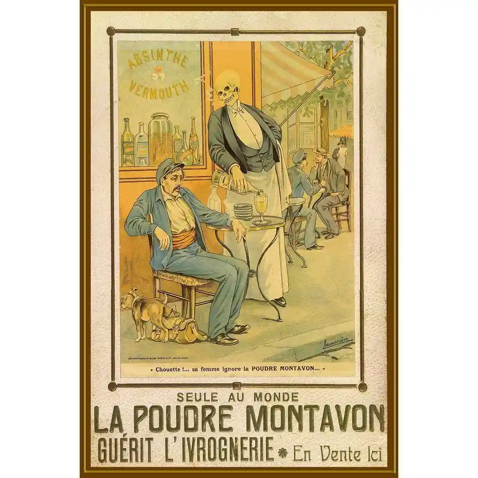An antique French absinthe advertisement depicts a skeleton waiter pouring a drink for a visibly intoxicated man at an…