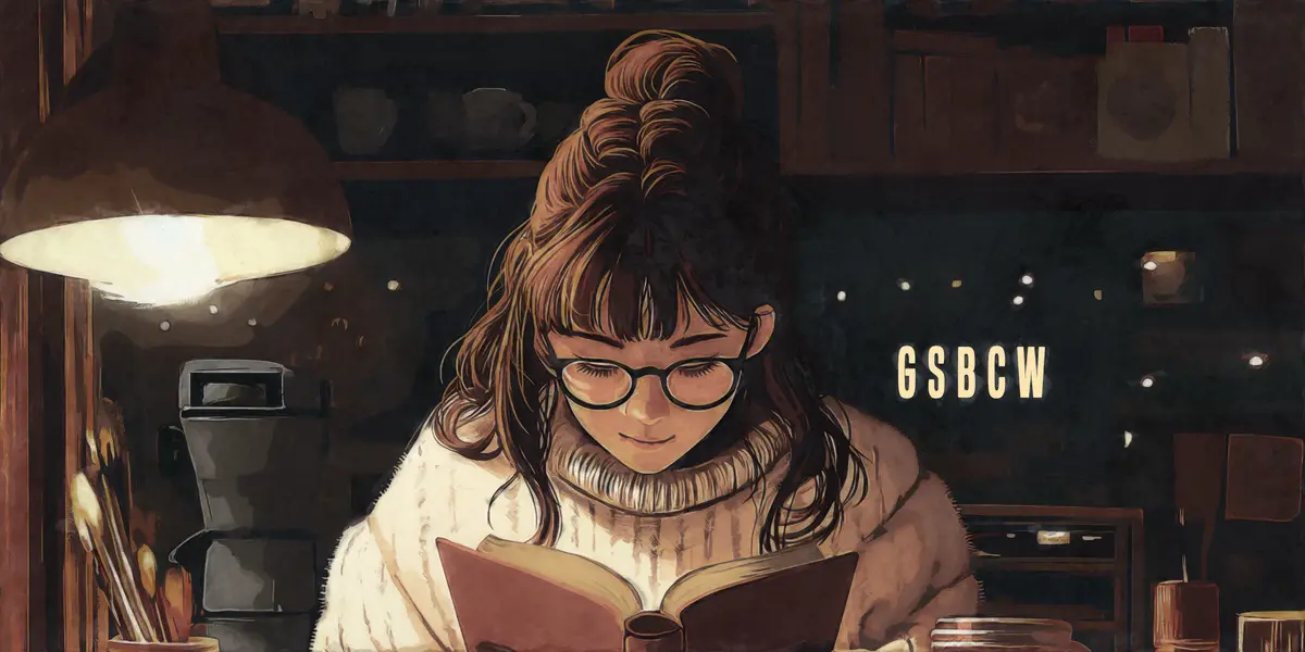 An illustration of a young woman with glasses and her hair in a bun, wearing a white turtleneck and reading a book under a…