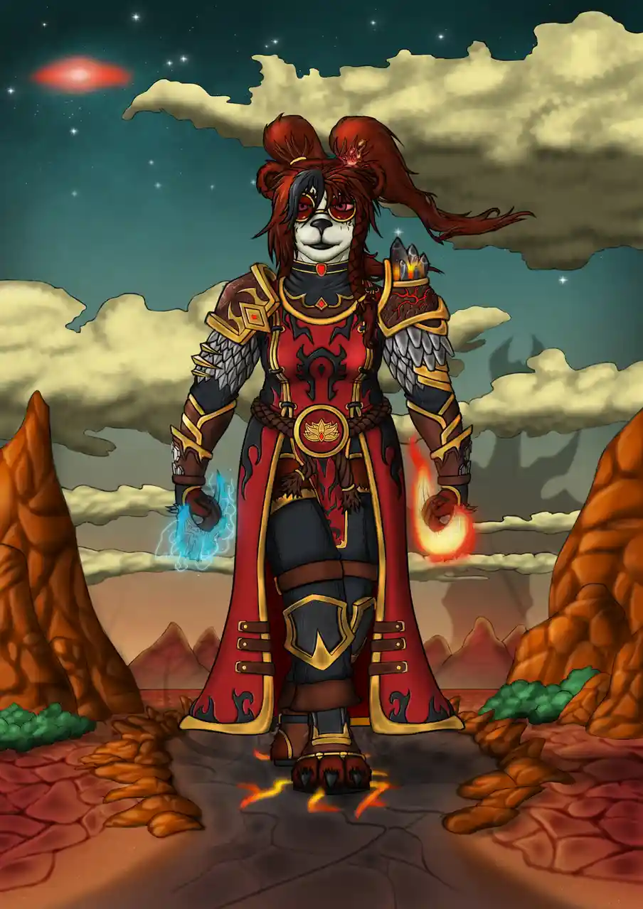 A stylized anthropomorphic dog with a skull-like face and red hair stands in ornate red and gold armor, holding a blue…