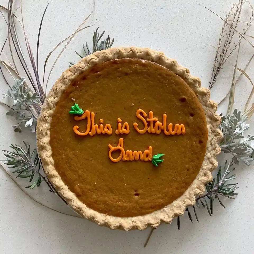 A top-down photo of a pumpkin pie with a golden-brown crust and smooth filling, decorated with orange icing that spells…