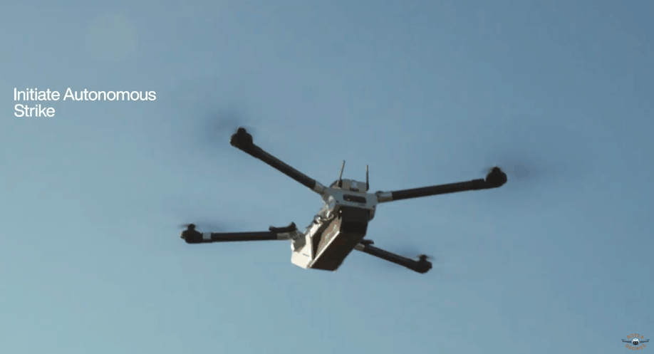 A six-panel sequence shows a drone flying over a desert landscape, targeting and exploding a pickup truck below. The first…