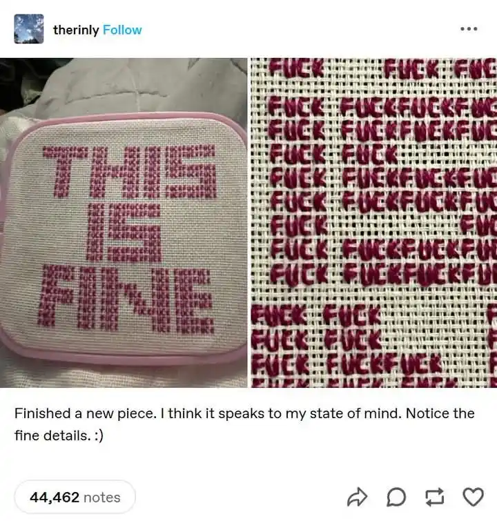 A close-up of a hand-stitched textile piece shows the word 'THIS' formed from repeated 'FUCK' stitches, with a zoomed-in…
