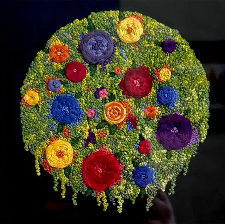 A circular, textured textile artwork resembling a floral wreath, crafted from colorful yarn in shades of green, red, blue…