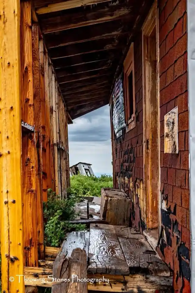 A weathered, dilapidated wooden porch of an old house with peeling red siding and rotting planks, looking out toward a…