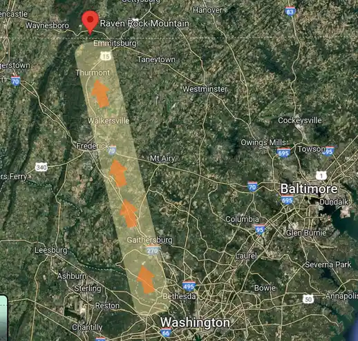 A satellite map of the Maryland and Virginia region shows a translucent green rectangle with four orange arrows pointing…