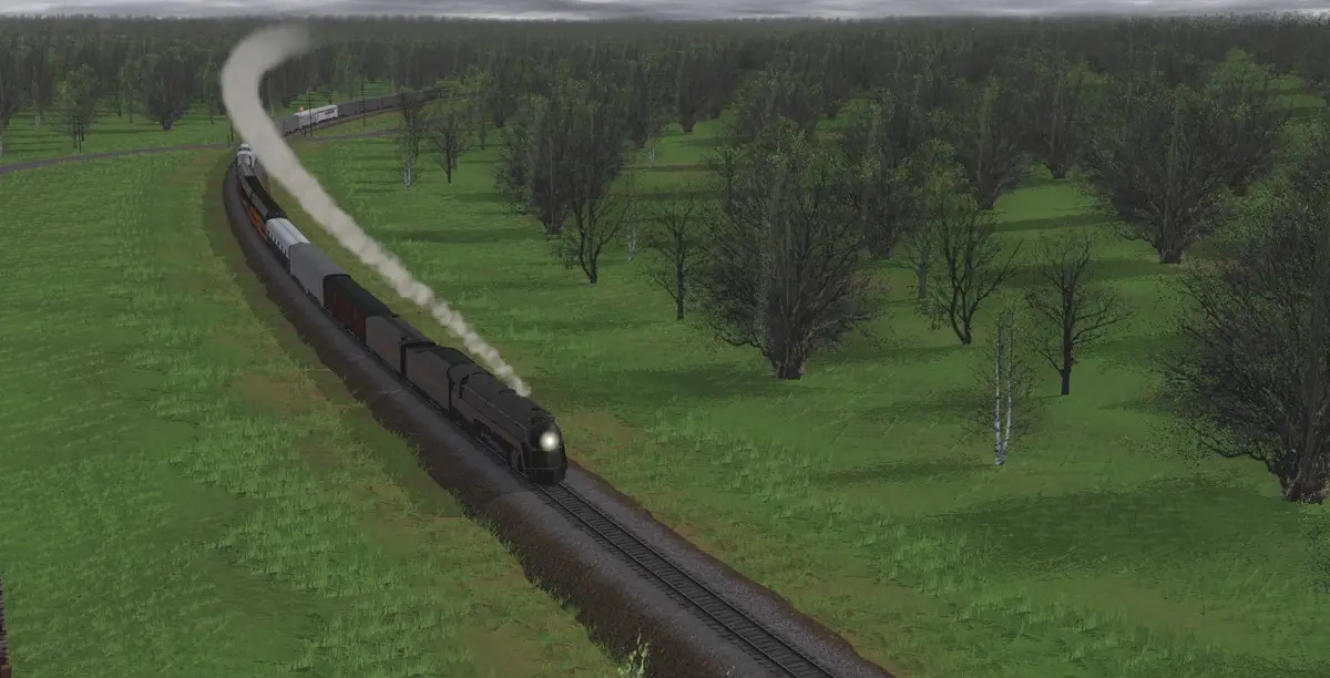 A steam locomotive pulls a long train through a green, tree-filled landscape, leaving a thick plume of smoke behind it. The…