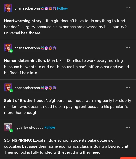 A screenshot of a social media thread shows four posts by user 'charlesoberonn' praising heartwarming stories like a girl's…