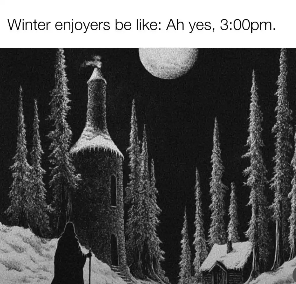 A black-and-white illustration depicts a snowy, eerie winter scene with a large moon, tall pine trees, a snow-covered tower…