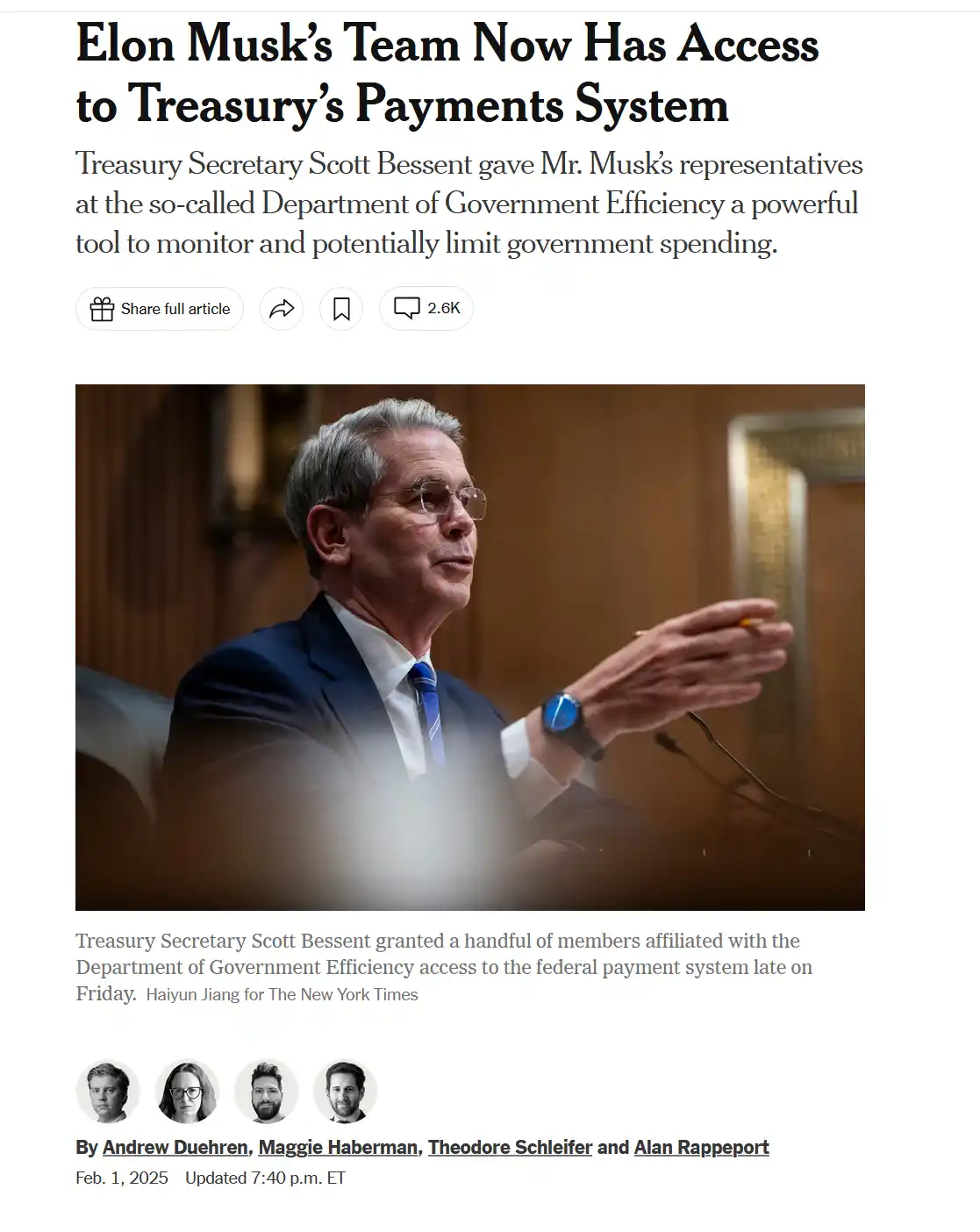 A screenshot of a New York Times article about Treasury Secretary Scott Bessent granting Elon Musk's representatives access…