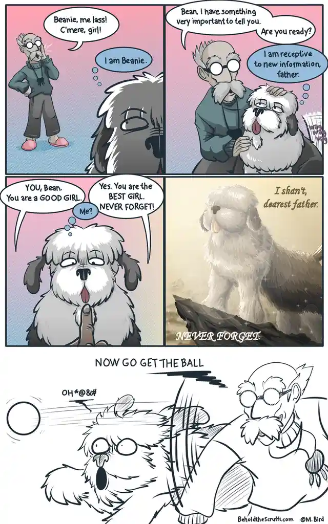 A four-panel comic strip featuring an elderly man and his fluffy white dog, Beanie. The man calls the dog to him, tells her…