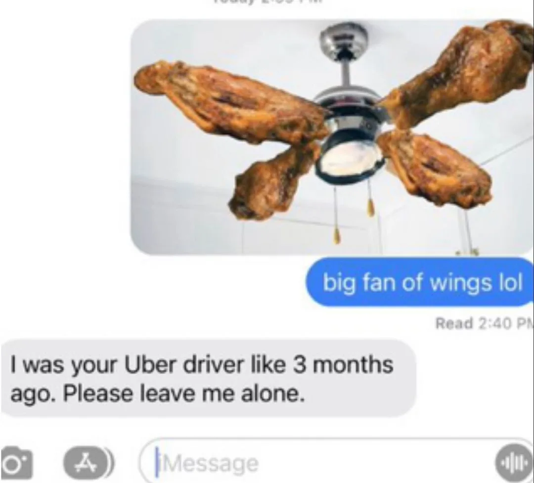 A screenshot of a text message conversation shows a photo of a ceiling fan with fried chicken wings instead of blades. The…