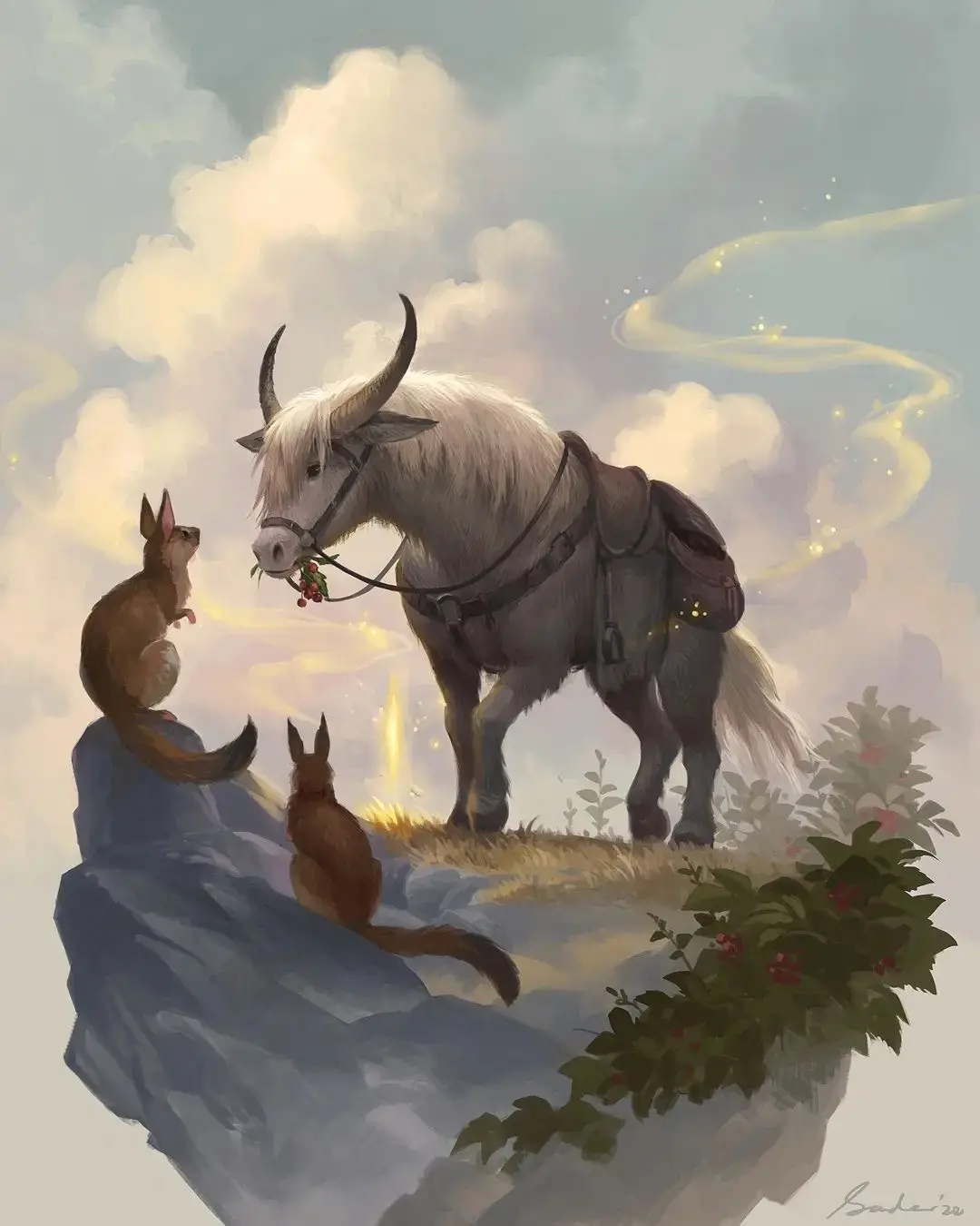 A whimsical fantasy painting shows a large, shaggy yak with a saddle standing on a floating rock, offering a sprig of…