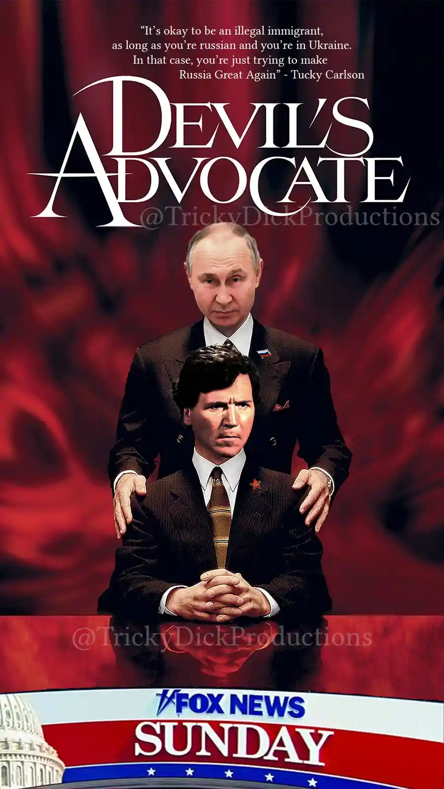 The image is a parody movie poster for 'Devil's Advocate' featuring Vladimir Putin standing behind a seated man resembling…
