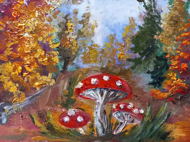 A textured oil painting depicts three red-capped mushrooms with white spots growing in a forest clearing surrounded by…