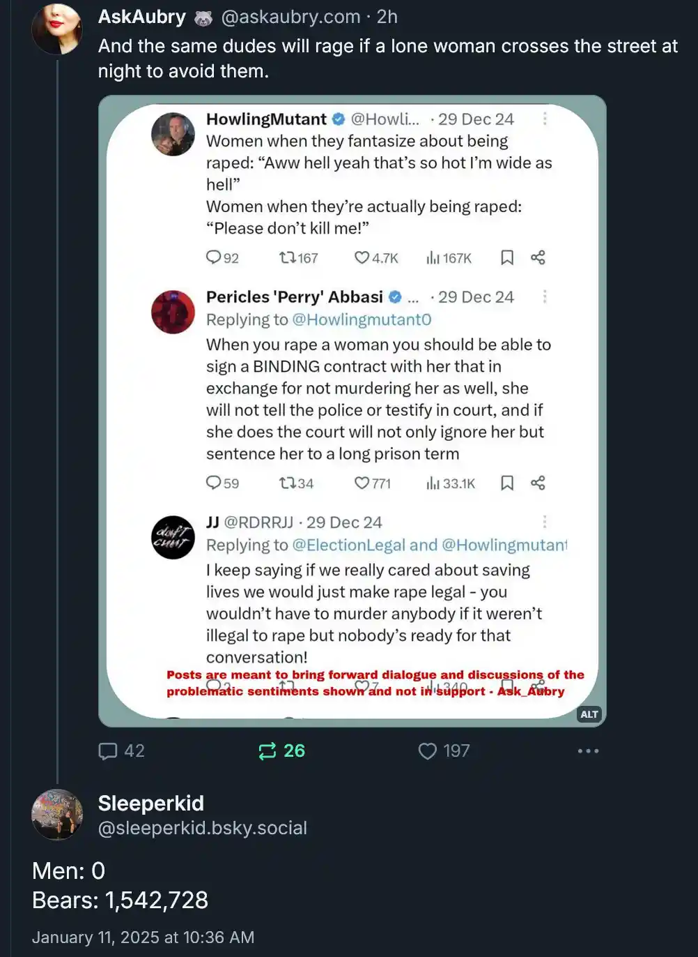 A screenshot of a Twitter thread discussing rape fantasies and legal consequences, overlaid with a reply from 'Sleeperkid'…