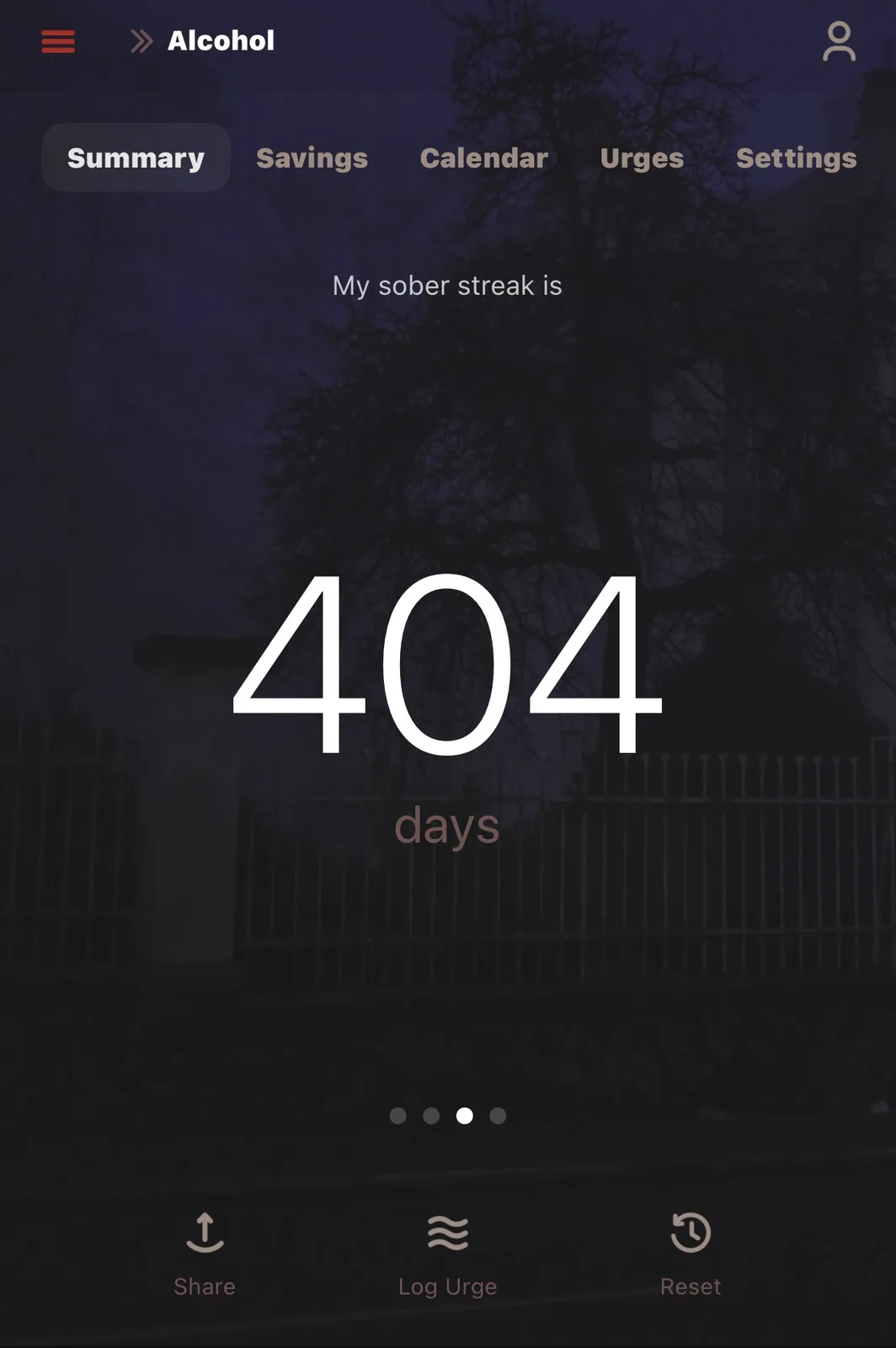 A screenshot of a sobriety tracking app shows a dark, moody background with a large white number '404' and the text 'days'…