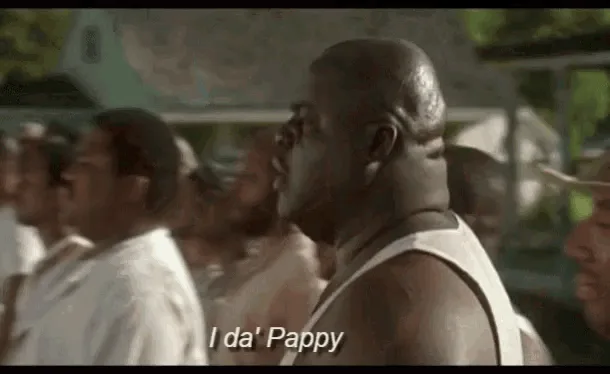 A six-panel meme strip from the 1986 film 'The Color Purple' showing a group of Black men in white tank tops singing 'I da'…