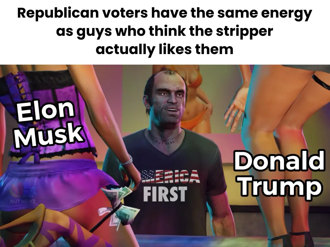 A screenshot from a video game shows a man in a 'MERICA FIRST' t-shirt surrounded by two scantily clad women. The woman on…