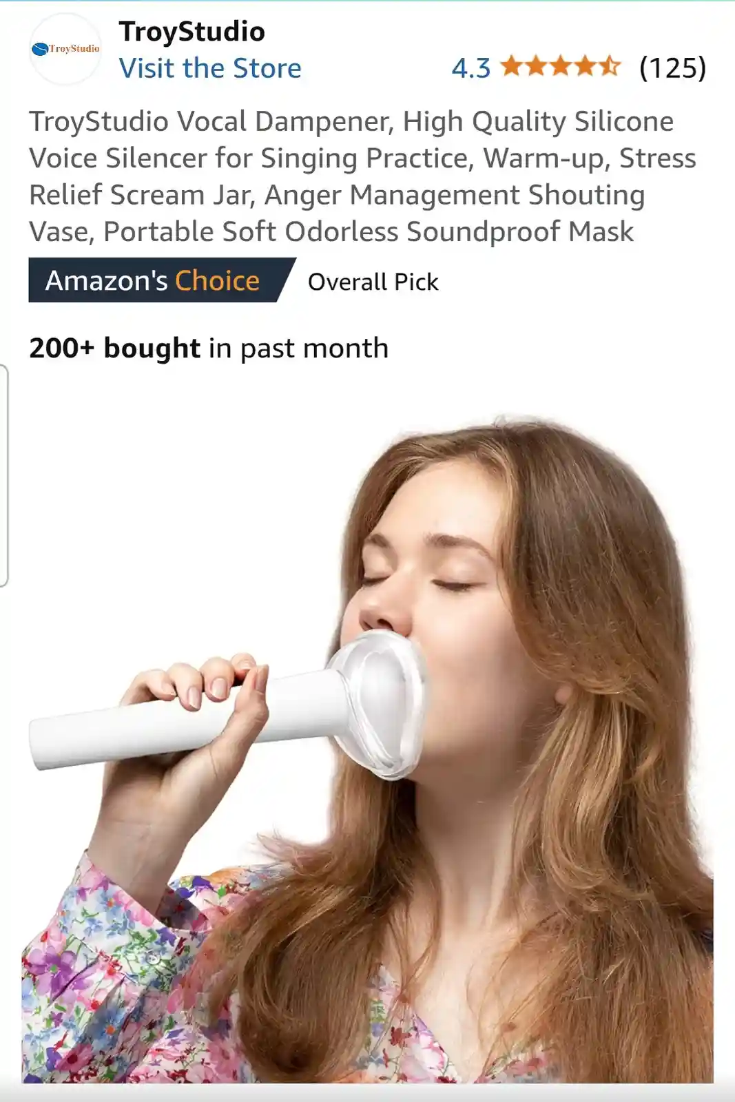 An amazon product page for a 'TroyStudio Vocal Dampener' shows a woman with long brown hair wearing a floral shirt, holding…