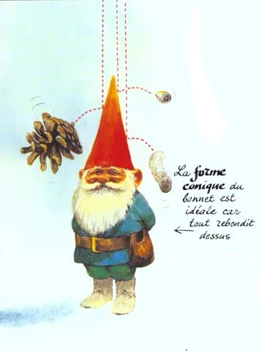A whimsical illustration of a gnome with a tall red cone-shaped hat, suspended by dotted lines showing pinecones and other…