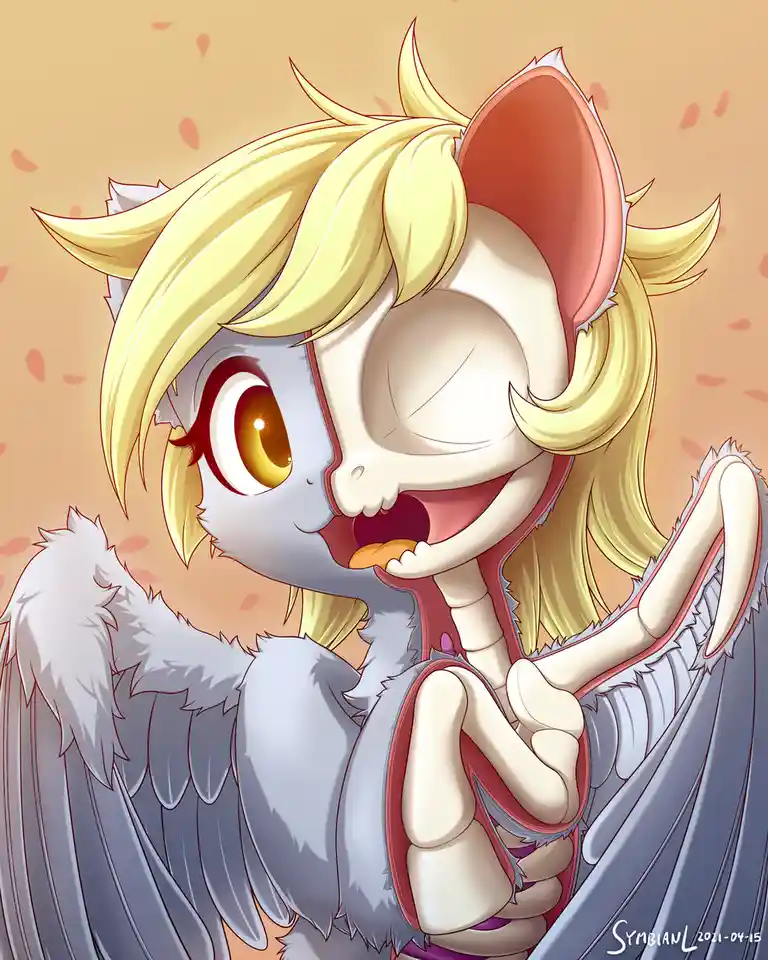 A chibi-style anthropomorphic character with blonde hair and grey wings is shown with a split face: one side is a cute…