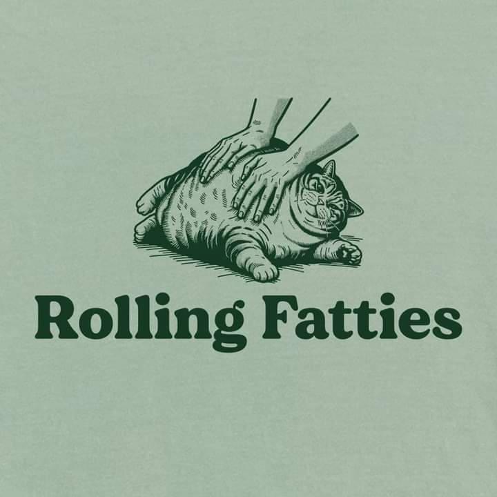 A vintage-style illustration shows a plump, striped cat lying on its side while two human hands massage its belly. Below the…