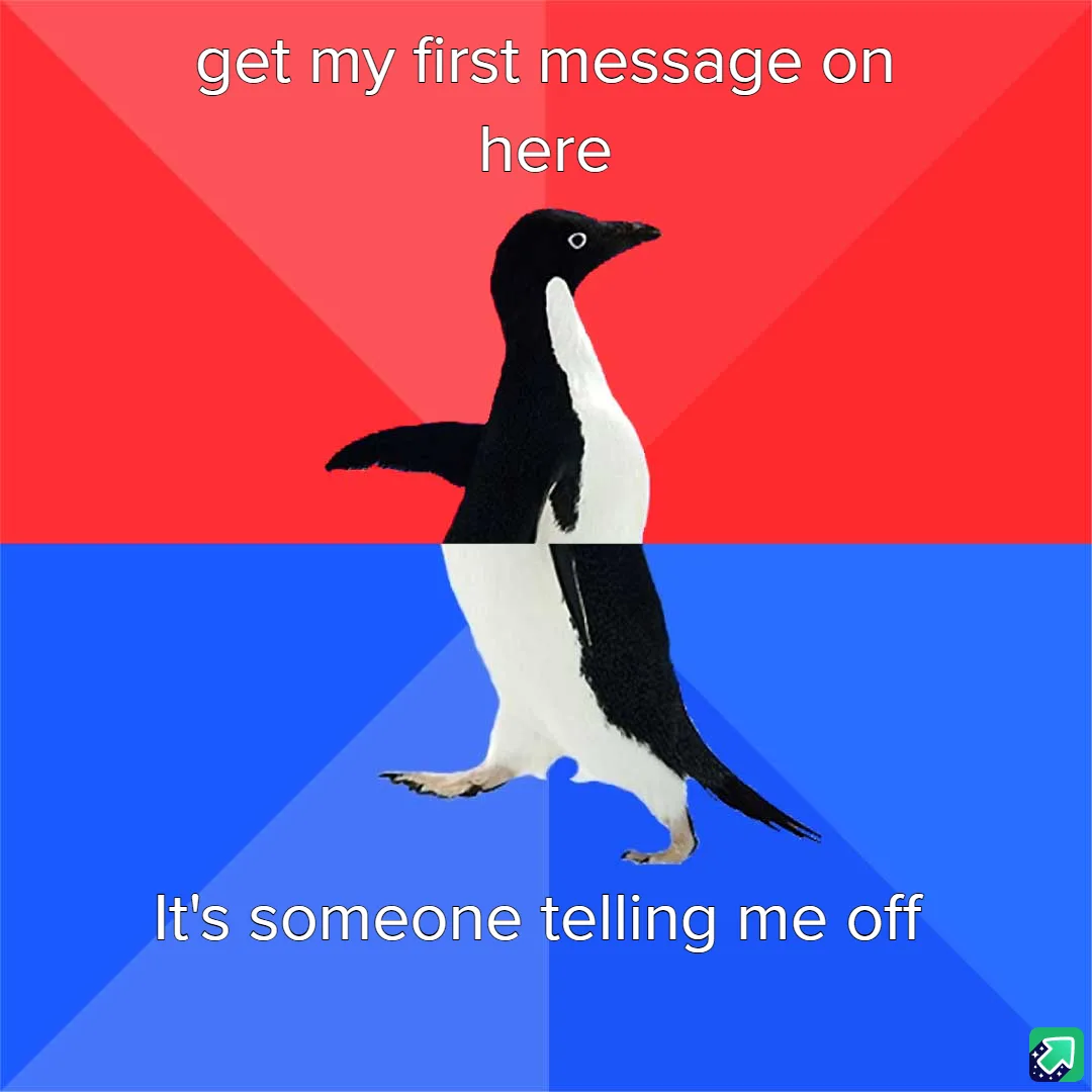 A penguin stands centered against a red and blue background, split horizontally. White text at the top reads 'get my first…