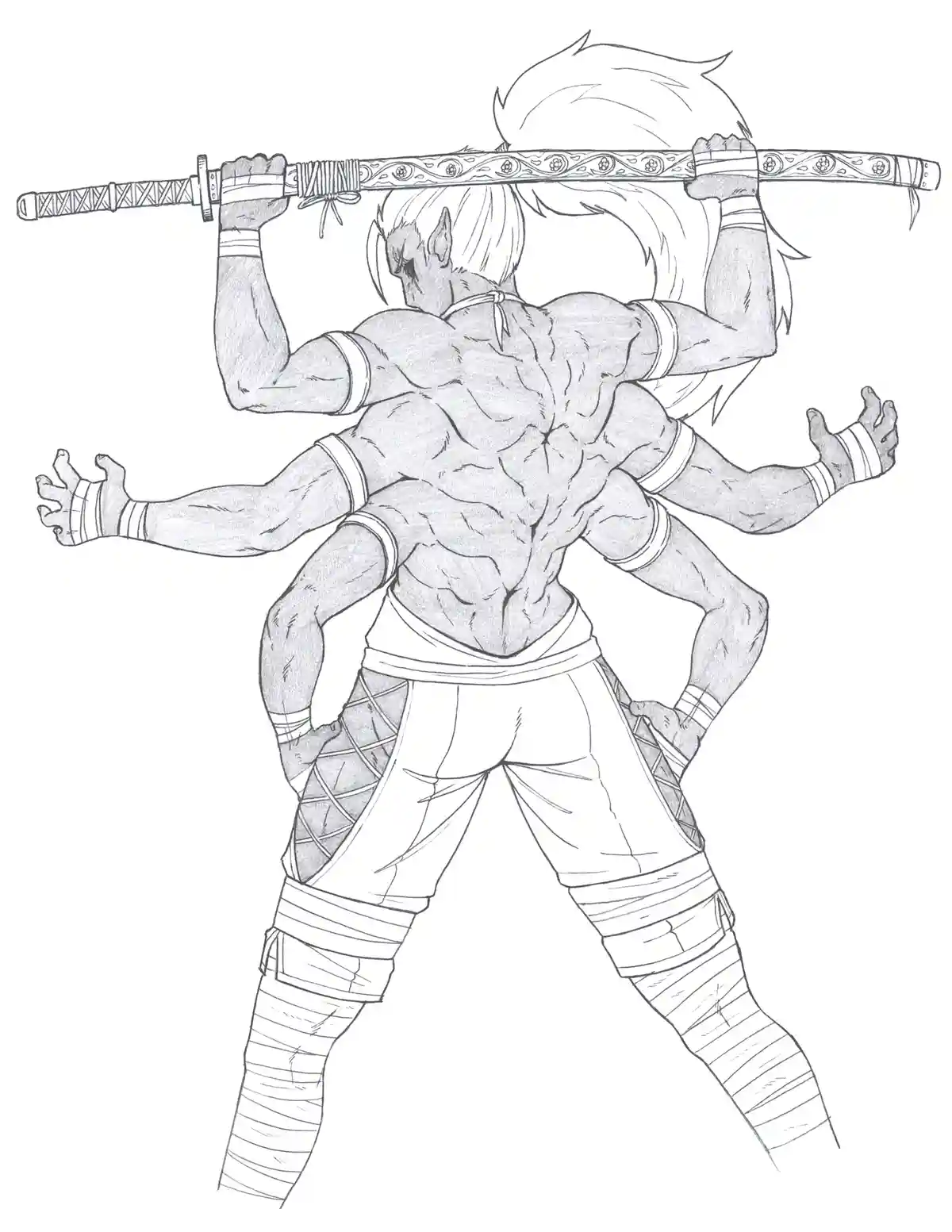 A black-and-white line drawing shows a muscular, shirtless anime-style warrior with spiky hair viewed from behind, holding a…